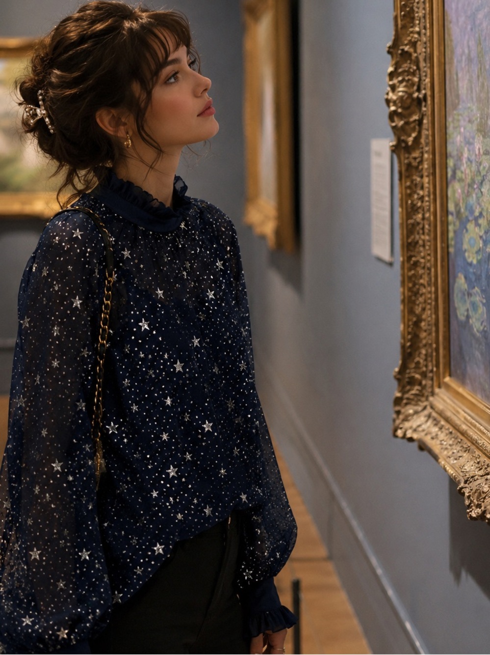 NWT Popvil Celestial Star Print Blouse Small Midnight Navy